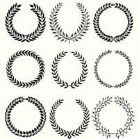Collection of Nine Elegant Black and White Laurel Wreaths for Design Elements vector