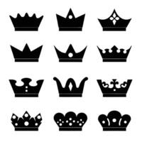 Collection of twelve different black crown icons silhouettes on white background vector