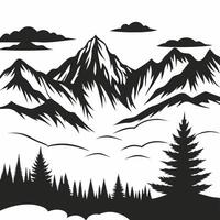 Majestic Mountain Range with Evergreen Forest and Cloudy Sky Black and White vector