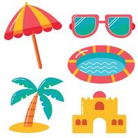 Summer Vacation Fun at the Beach with Palm Tree Umbrella Pool and Sandcastle vector