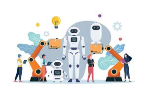 People with automation android robots vector