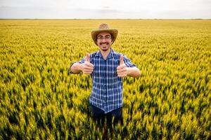 Happy farmer standing in his wheat field. Portrait of agricultural worker in the growing wheat field. photo