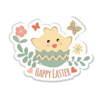 Happy easter sticker. A cute little chick sitting in a shell with flowers and easter eggs on white background. Can be add text. vector