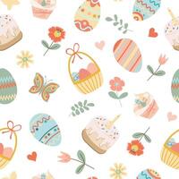 Happy easter. Seamless pattern with easter eggs, easter cake, flowers, on white background. vector