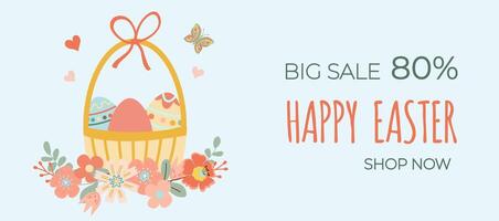 Happy easter sale. Basket with Easter eggs on blue background. Can be add text. Design for banner, poster, postcard. EPS10. vector