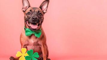 A dog with a green bow tie and shamrock photo