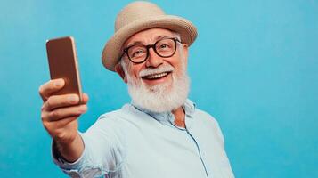 An old man with a beard and hat taking a selfie photo