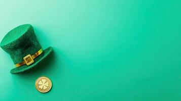 St patrick's day hat and gold coin on green background photo