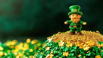 St patrick's day leprechaun figurine on top of gold coins photo
