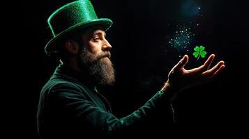 A bearded man in a green hat is holding a shamrock photo