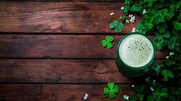 St patrick's day cup of green tea on wooden table photo