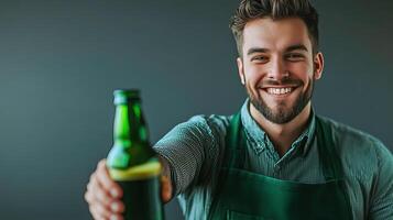 A smiling man holding a beer bottle photo