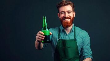 A man with a beard holding a beer bottle photo