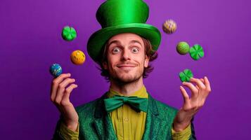 A man in a green suit and hat juggling with colorful balls photo