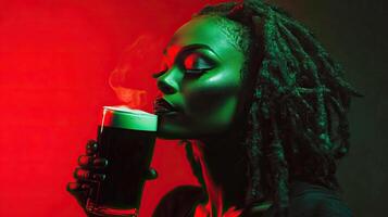 A woman with dreadlocks holding a glass of beer photo