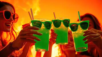 Cheers to the warmth of Summer Friends joyfully toasting with vibrant green cocktails at sunset photo
