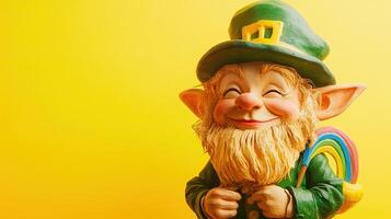A statue of a leprechaun holding a rainbow photo