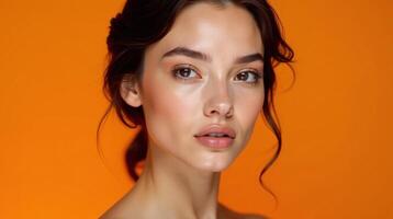 A serene woman with a glowing complexion against an orange background. photo
