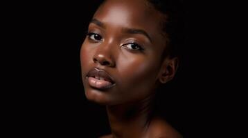 A model with a striking complexion against a dark background. photo