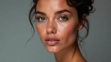 A woman's face, elegant and captivating, exudes serenity against a muted backdrop. photo