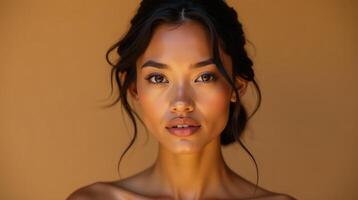 A serene portrait of a person against a warm, earth-toned background. photo