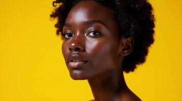 The image showcases a person with a natural, unprocessed appearance against a vibrant yellow background. photo