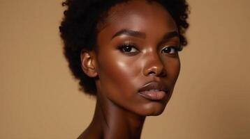 Elegant model with defined features against a neutral background. photo
