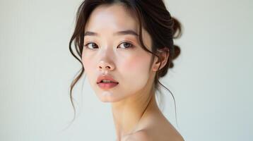A serene individual with a soft expression against a minimalist backdrop. photo