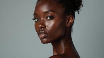 The image depicts a person with a smooth, glossy complexion against a plain background. photo