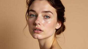 Portrait of a youthful, serene individual against a muted backdrop. photo