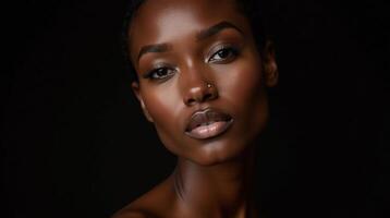A serene, dark-toned portrait of a model with a piercing nose ring. photo