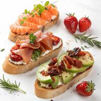 three different types of bread with different types of food photo