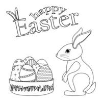 Black and white coloring page featuring a Easter bunny next to a basket filled with ornate Easter eggs and - Happy Easter - text. White rabbit. Ideal for a greeting card and holiday theme. vector