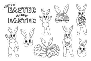 A set of black and white Easter illustration featuring cute anthropomorphic Easter bunnies, ornate Easter eggs, and - Happy Easter - text for coloring page. Rabbit Collection. vector