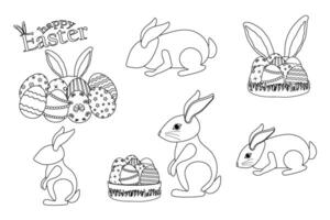 A set of black and white Easter-themed illustrations featuring Easter bunnies, ornate Easter eggs, and festive elements for coloring page. Rabbit Collection. vector