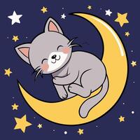 Kitten sleeping on the moon on starry sky backgraund. Good night card. Colorful illustration vector
