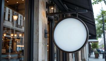 blank circular signboard mockup for logo design and brand presentation on cafe photo