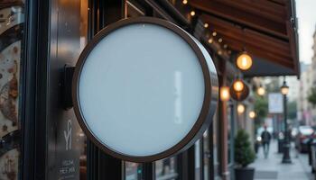 blank circular signboard mockup with empty frame for logo or text on the exterior of a cafe photo