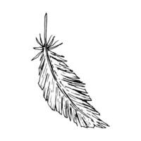 Hand drawn feather illustration in black ink with rough edges and visible texture. line art drawing in monochrome style. A stylized bird feather for natural, rustic, and boho-themed projects. vector