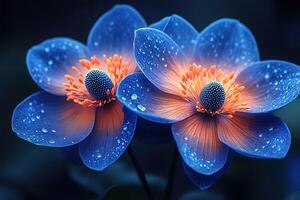 Two vibrant blue and orange flowers bloom in mesmerizing detail, tiny water droplets clinging to their petals. photo