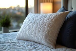 A white, textured pillow sits on a bed with a city view in the background. photo
