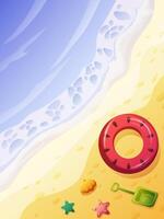 seashore top view wave and shore with children's toys, shells and lifebuoy vector
