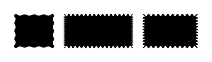 Black rectangular patterns with squiggly borders. Wave curve edge frame mockups. Minimalist tag, empty text box, label, stamp, cracker, coupon with curvy, squiggly, wiggly, wavy edges. vector