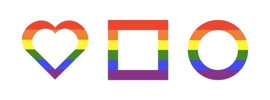 Rainbow flag frames. Gay pride, progress logo symbols. LGBT icons. Stickers in rainbow colors. Round, rectangular, heart badge, button. Template design elements. vector