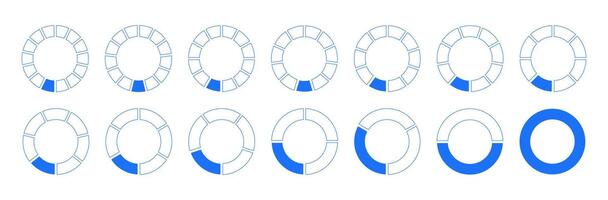 Circles divided diagram 1, 2, 3, 10, 7, 8, 9, 10, 11, 12, 13, 14 equal parts. Graph icon. Pie, pizza shape section charts. Coaching blank blue mockups. Set of segments wheel round divide infographic. vector