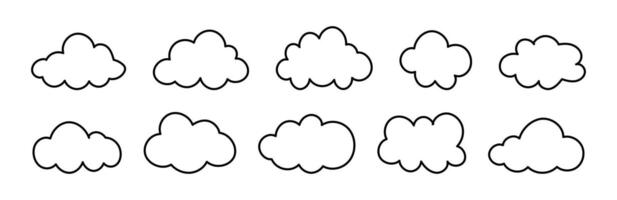 Flat outline clouds. Doodle fluffy clouds. Puffy, cumulus clouds. Cloudy forms mockups in black thin contour. Weather element minimal templates. Objects cloudscape layouts. Hand drawn black cute icon. vector