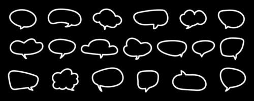 Speech bubble, sticker. Fun dialogue outline frames. Chat box, empty social media message balloon, silhouette mockups. Information, idea, quote icon. Communication network symbols in doodle thin style vector