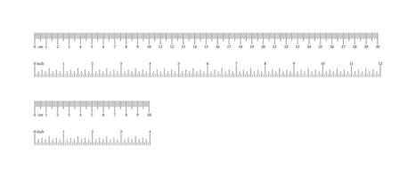 Set of inch, metric rulers. Measuring tool. Scale for ruler in centimeters, inches. Inches, centimeters measuring scales. Metrics indicator cm, inch. Measuring chart 10, 30 centimeters, 4, 12 inches. vector