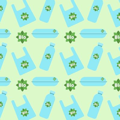 Pattern with eco friendly biodegradable packaging. Blue box bottle package shopping bag, sustainable biodegradable containers for delivery takeaway food gift.On green background.