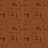 Coffee cezve and beans brown pattern, hand-drawn doodle drawings of coffee cezves and branches with coffee tree fruits on brown background. vector